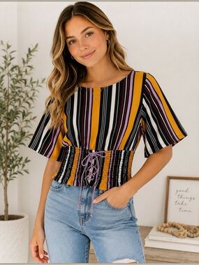 Urban Girl Striped Crop Top Juniors Large NWT Smocked Waist Tie Front Boho